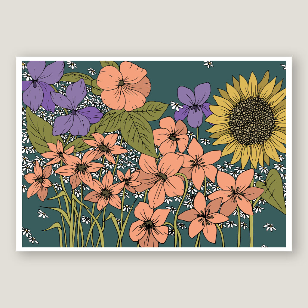 Botanic print with sunflower and nodding violet