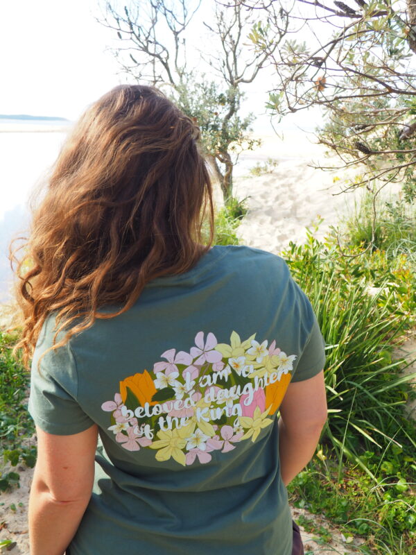 Sage Bible verse t-shirt with 2 Corinthians 6:18 and floral arrangement including tulips, cherry blossom and frangipani