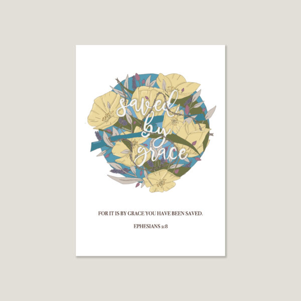 Saved by Grace print featuring botanics and scripture on a white cotton background with anemone and verse Ephesians 2:8