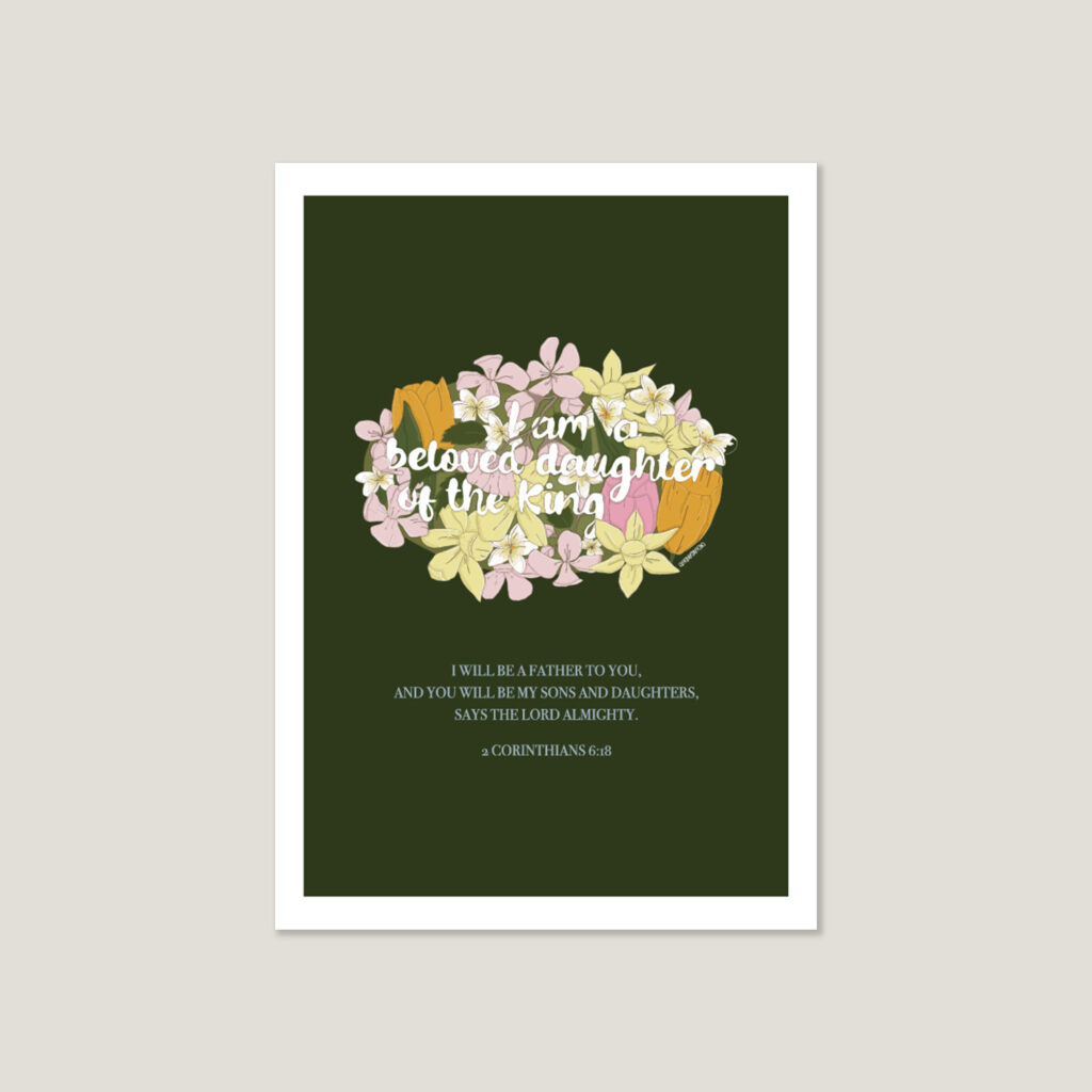 Sage Bible verse print with 2 Corinthians 6:18 and floral arrangement including tulips, cherry blossom and frangipani