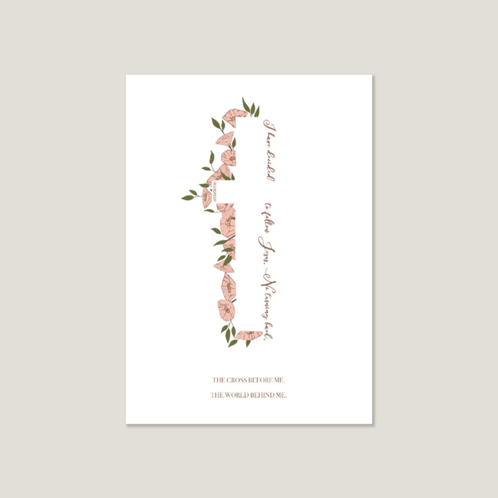 print featuring a cross with coral flowers on one side and the statement 'i have decided to follow Jesus. No turning back' on the other side