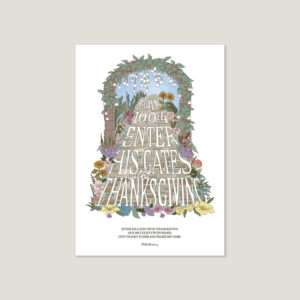 Pale blue Bible verse t-shirt with Psalm 100:4 and floral gate graphic